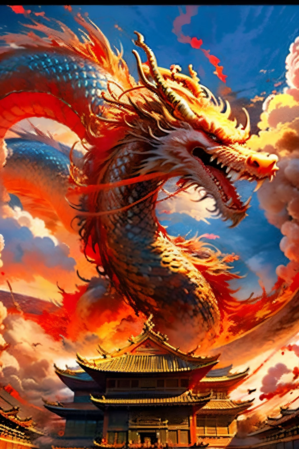 Best Quality,masutepiece,超A high resolution,nu no humans, (long:1.2),East Asian Architecture, architecture, cloud, Open mouth, Cloudy sky, Red Eyes, skyporn, 牙, 牙, Outdoors, building, scales, eastern dragon, sharpteeth, blazing, Horns, Flying