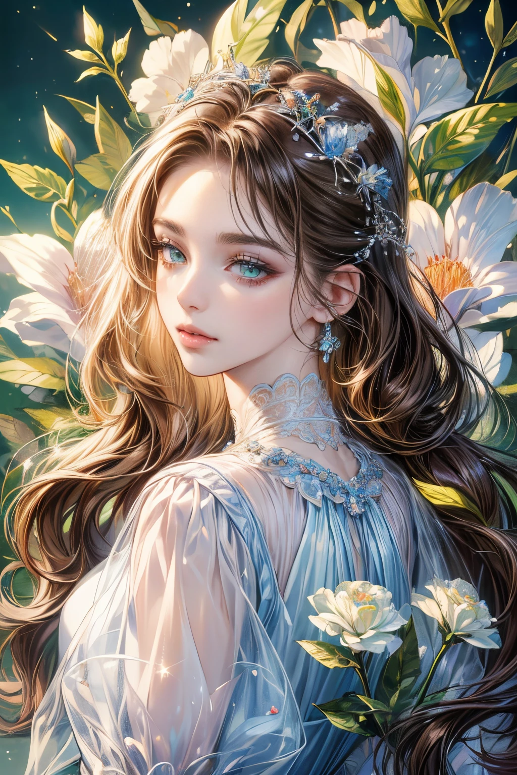 (best quality:1.4),(masterpiece:1.4),ultra-high resolution,8K,CG,exquisite,upper body,loneliness,thumb girl,little princess,blue taffeta court gown,green leaf flower background,detailed facial features,brown hair,almond eyes,detailed eye makeup,long eyelashes,amber eyes with a starry gaze,delicate lip details,soft and harmonious style