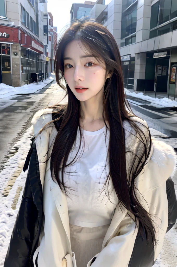 (1 cute Korean star) Shoulder-length hair, Thin makeup, small chest size, Wearing a coat, In the snow, Clear facial features, 8K high resolution, Sharp, realistic detail.From the outside, Eye-level shots, f/4.0, 135mm, Fujifilm, jpeg artifacts, dithering, UHD, ​masterpiece, s whole body, Upper body body, correct posture, Forward-looking, facing forward