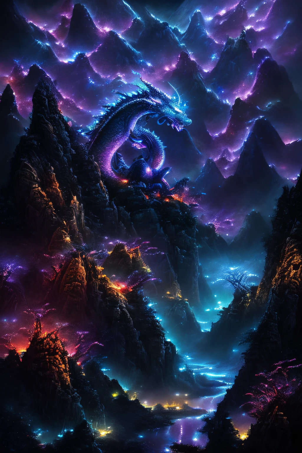 chinese dragon, majestic night, detailed scales, glowing eyes, swirling clouds, powerful presence, mystical aura, mystical artwork, traditional artistry, vivid colors, atmospheric lighting, ((night))