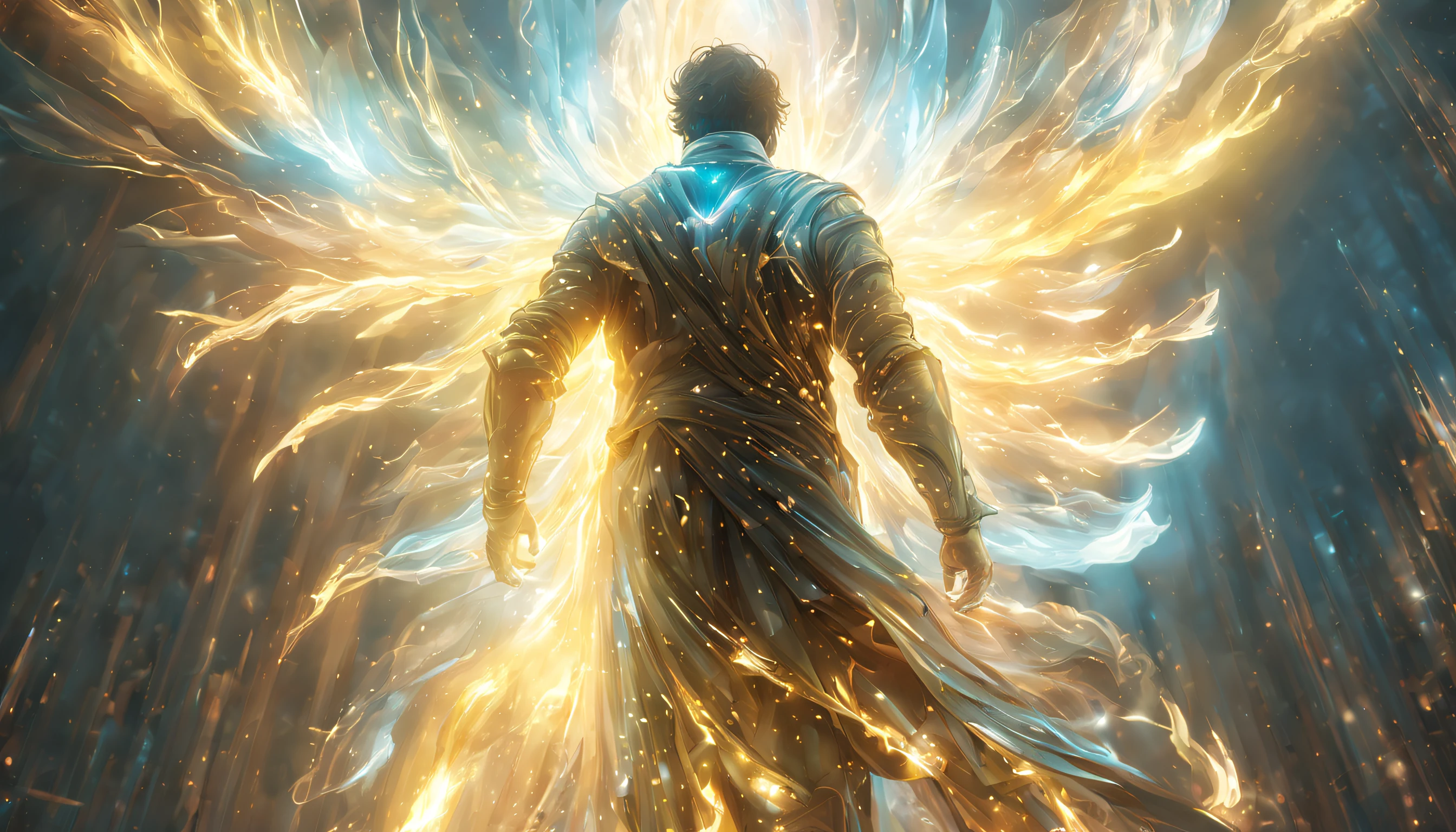 far distant man in a bright glowing aura of light, view from behind, ascension, UHD, by Aleksi Briclot and Alessio Albi and Alexandre Cabanel, unzoom