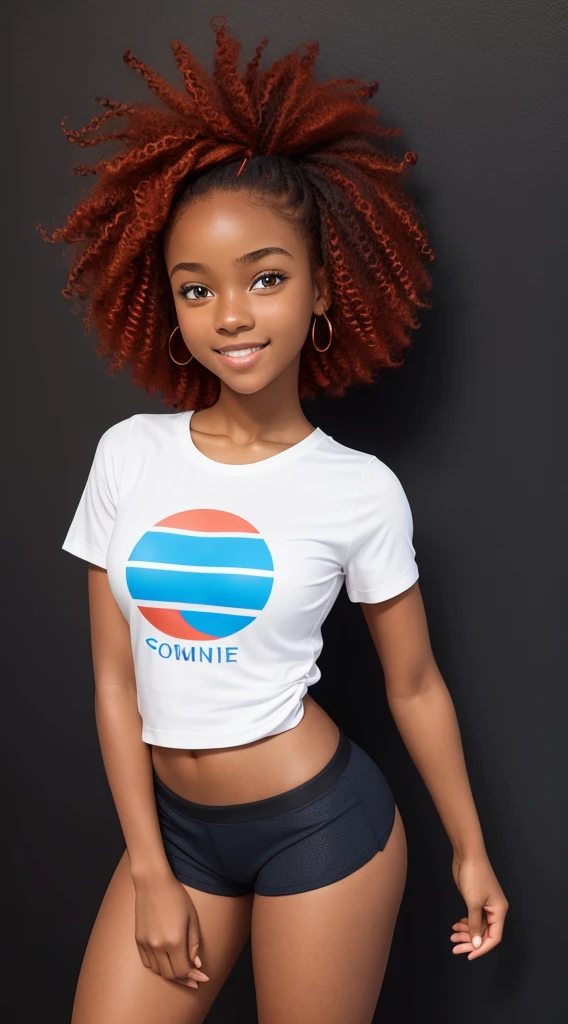 Black girl, contagious smile, round face, 1.50 tall, 15 years old, curly red hair, blue eyes, perfect breasts, perfect butt, toned legs. Clothing: short t-shirt, tight shorts and sneakers. Confident pose with a delicate personality, with a black background.