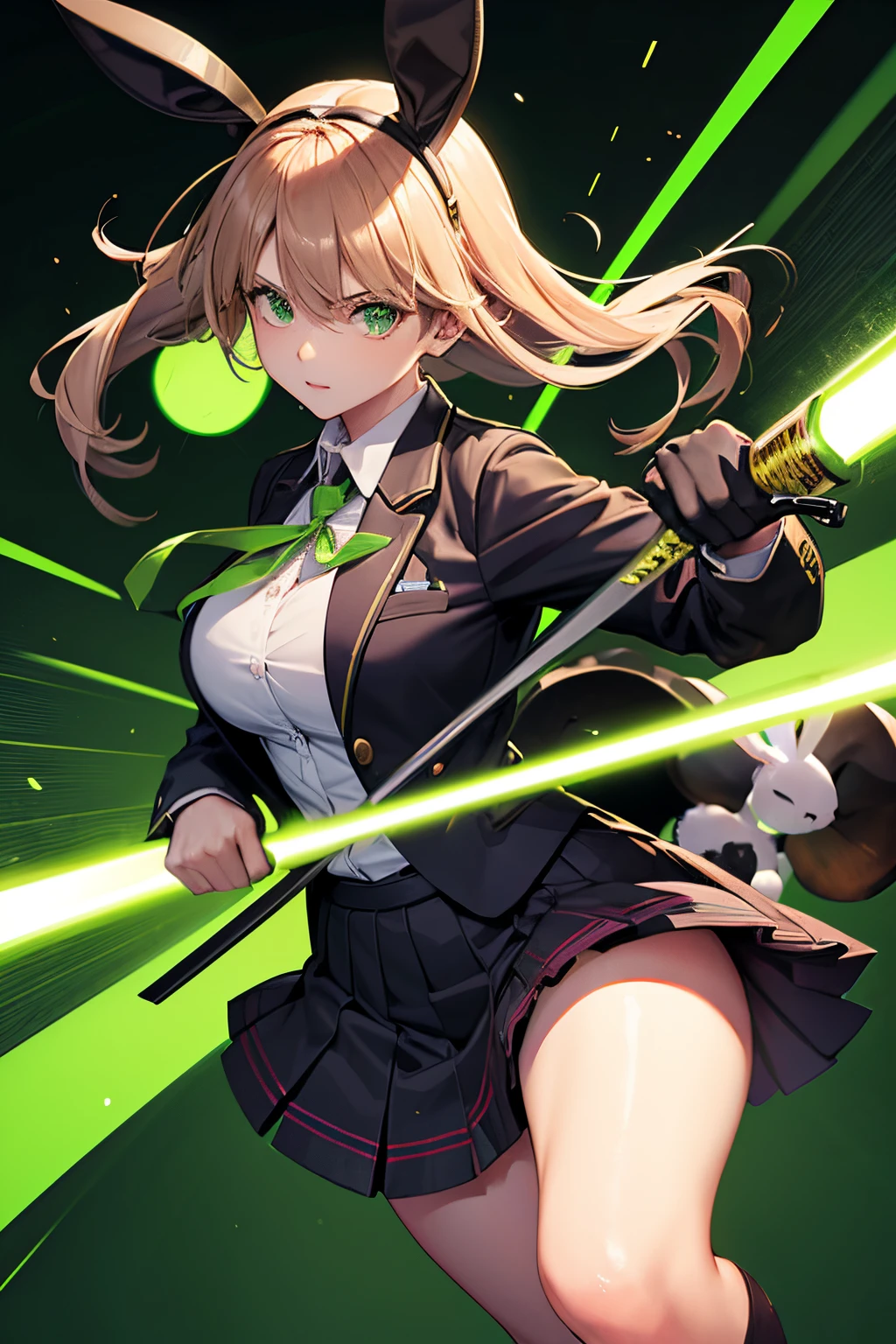 Woman, superhero, with katanas, bunny mask, dressed as schoolgirl, dark background, green flashes, green lines, green lights, background full of giant mushrooms