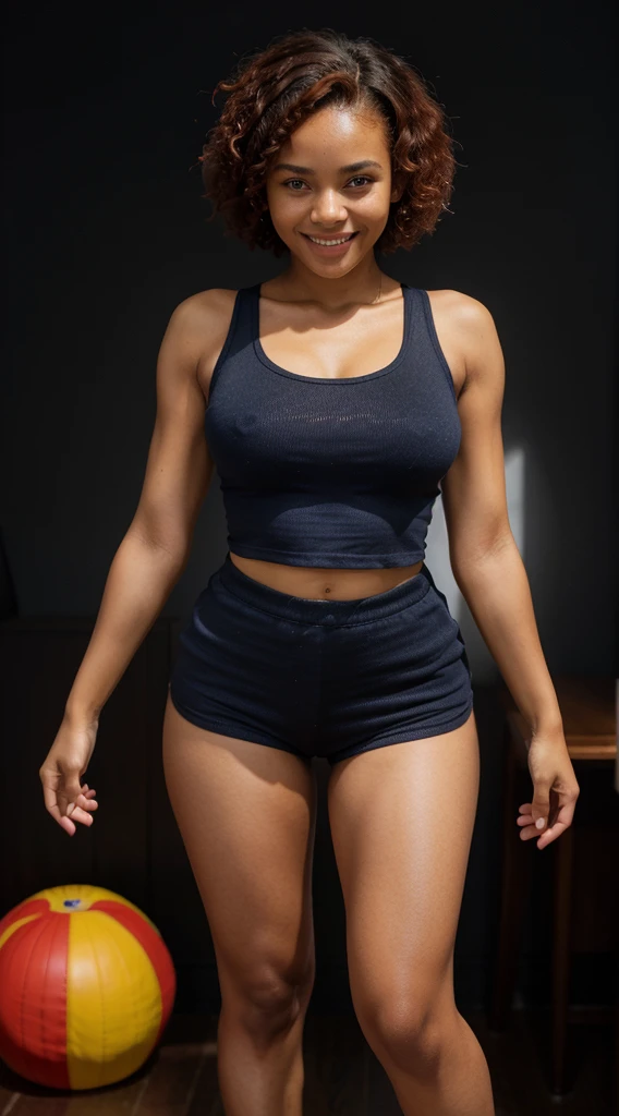 Black girl, contagious smile, round face, 1.50 tall, , curly red hair, blue eyes, perfect breasts, perfect butt, toned legs. Clothing: short t-shirt, tight shorts and sneakers. Confident pose with a delicate personality, with a black background.