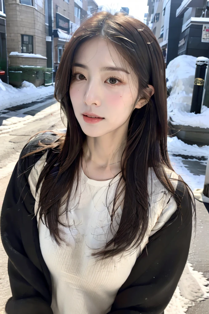 (1 cute Korean star) Shoulder-length hair, Thin makeup, small chest size, Wearing a coat, In the snow, Clear facial features, 8K high resolution, Sharp, realistic detail.From the outside, Eye-level shots, f/4.0, 135mm, Fujifilm, jpeg artifacts, dithering, UHD, ​masterpiece, s whole body, Upper body body, correct posture, Forward-looking, facing forward