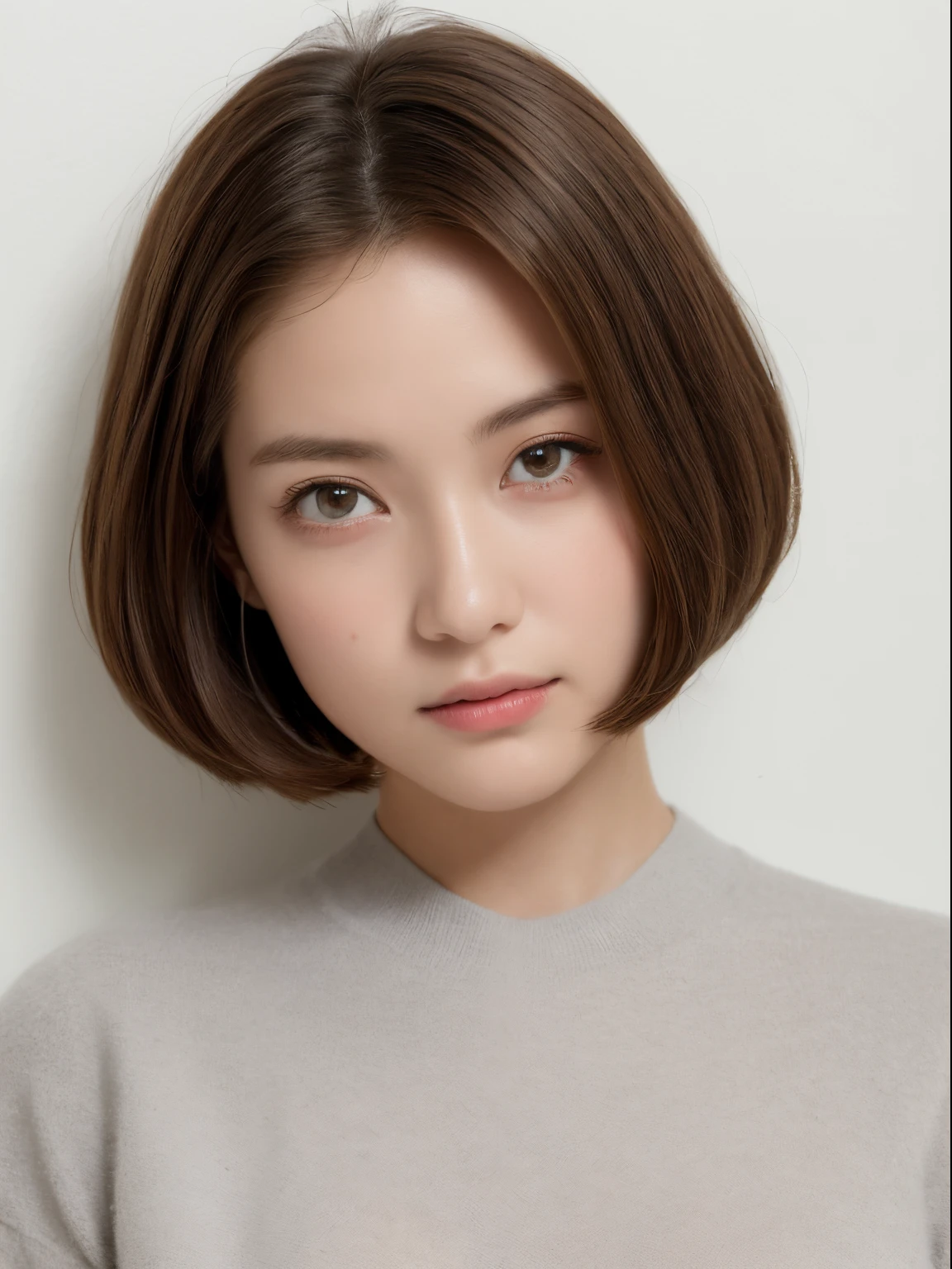 ((The highest image quality, 8K, tmasterpiece:1.3)), 1girll, Beautiful woman with slender abs:1.3, (casual hairstyle, No leakage of big breasts:1.2), Ultra-fine face, A detailed eye, 二重まぶた,ssmile,Home,numbers are very bad,White-skinned、Close-up shot shots、white walls、Taken in front of the white door、(white wall room with window)、Shot in natural light、Poses variadas、bob、Bob Hair、(Dark brown medium shorthair)