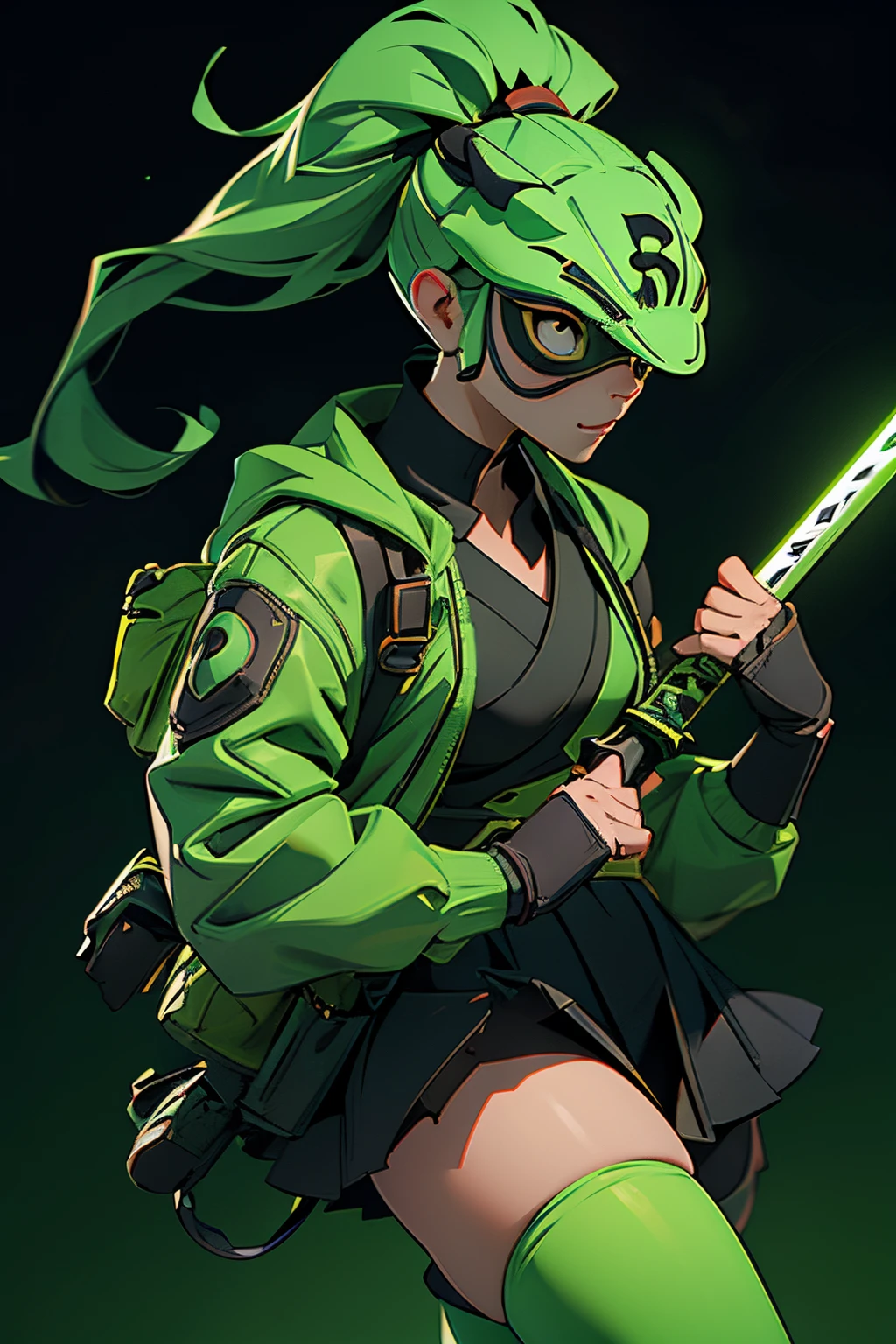 Woman, superhero, with katanas, bunny mask, dressed as schoolgirl, dark background, gren flashes, green lines, green lights, background full of giant mushrooms