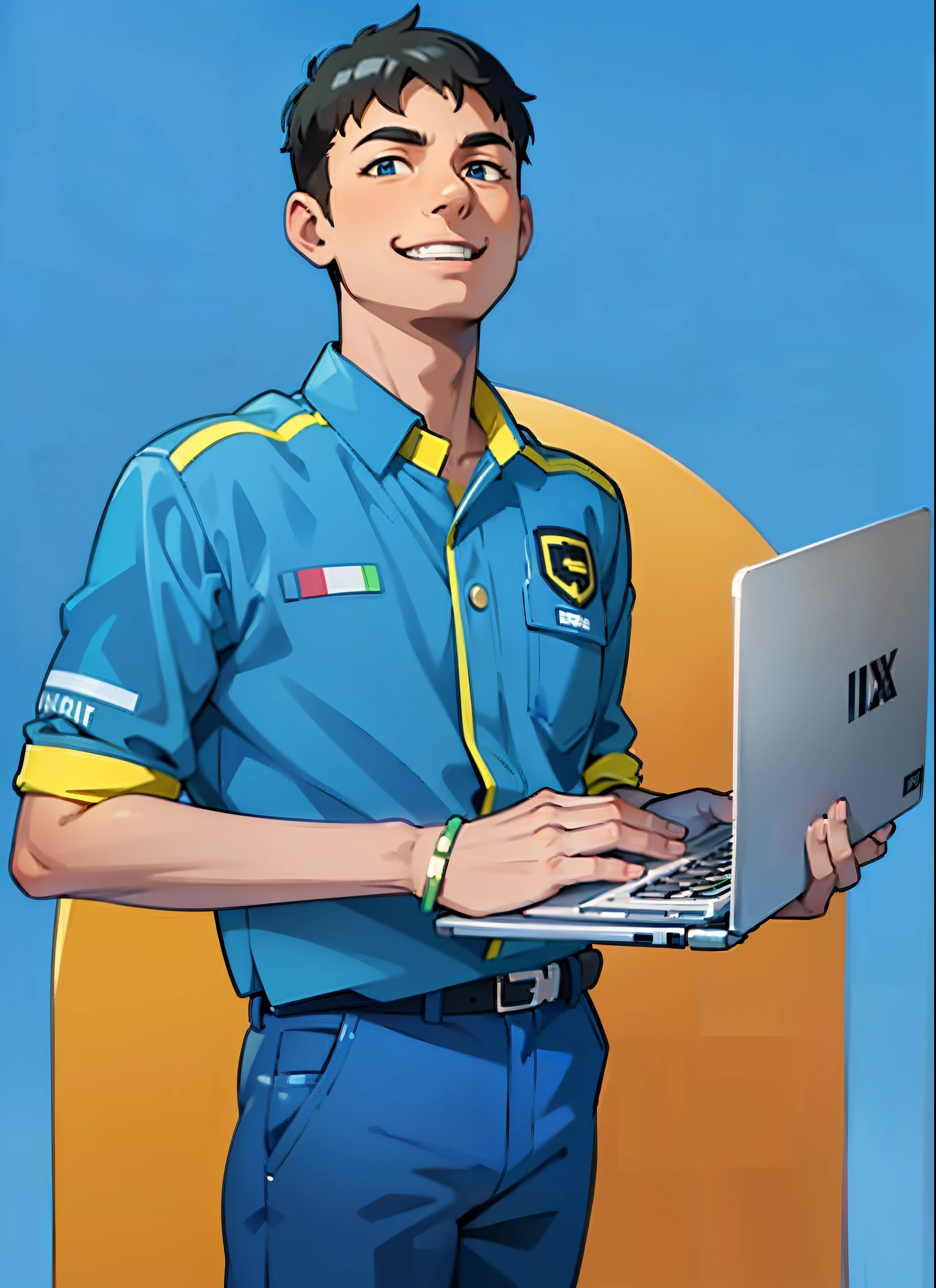 young boy, boy smiling holding a grey laptop with both of his hand, black short hair, blue shirt uniform with yellow strips, black belt and blue pants,