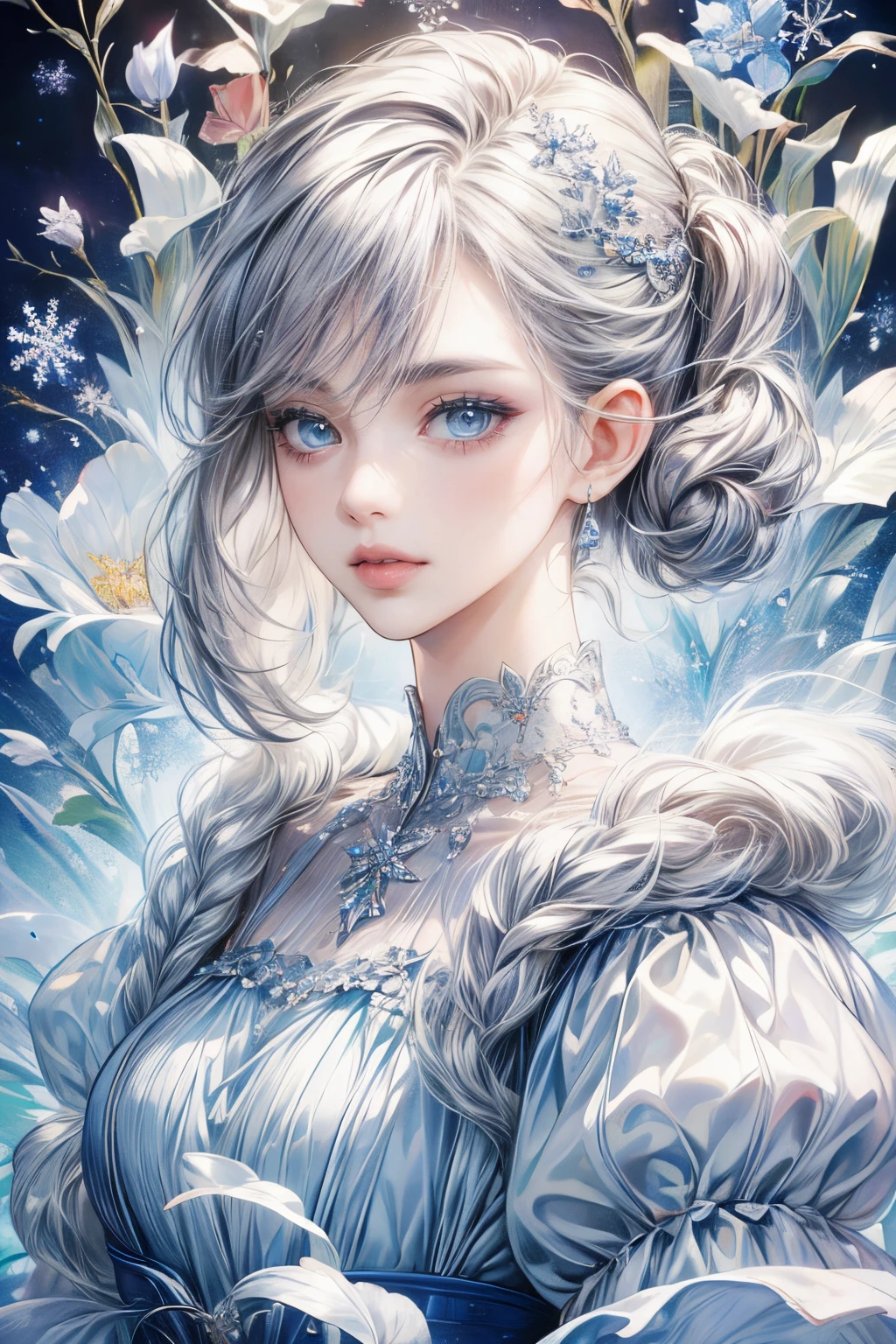 (best quality:1.4), (masterpiece:1.4), ultra-high resolution, 8K, CG, exquisite, upper body, solitude, thumbelina, little princess, blue taffeta court dress, snowflake background, detailed facial features, silver-gray hair, almond-shaped eyes, intricate eye makeup, long eyelashes, gray eyes with a starry gaze, intricate lip details, soft and harmonious style