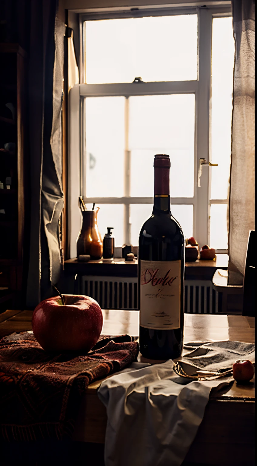 There  a red wine bottle on the table、Apples and peaches, Napkins and wine glasses,  Window lighting , Background curtains, Still life impasto painting , deep dark background,