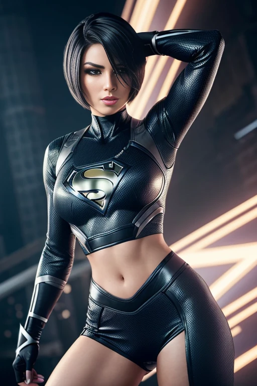 4k highly detailed realistic female superhero dressed in cropped carbon fiber, ombre hair in a short undercut bob hairstyle, hair covering one eye, ((sharp Jawline)), (full body Including Legs), Seduction and fantastic poses