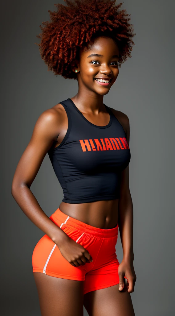 Black girl, contagious smile, round face, 1.50 tall, 15 years old, curly red hair, blue eyes, perfect breasts, perfect butt, toned legs. Clothing: short t-shirt, tight shorts and sneakers. Confident pose with a delicate personality, with a black background.