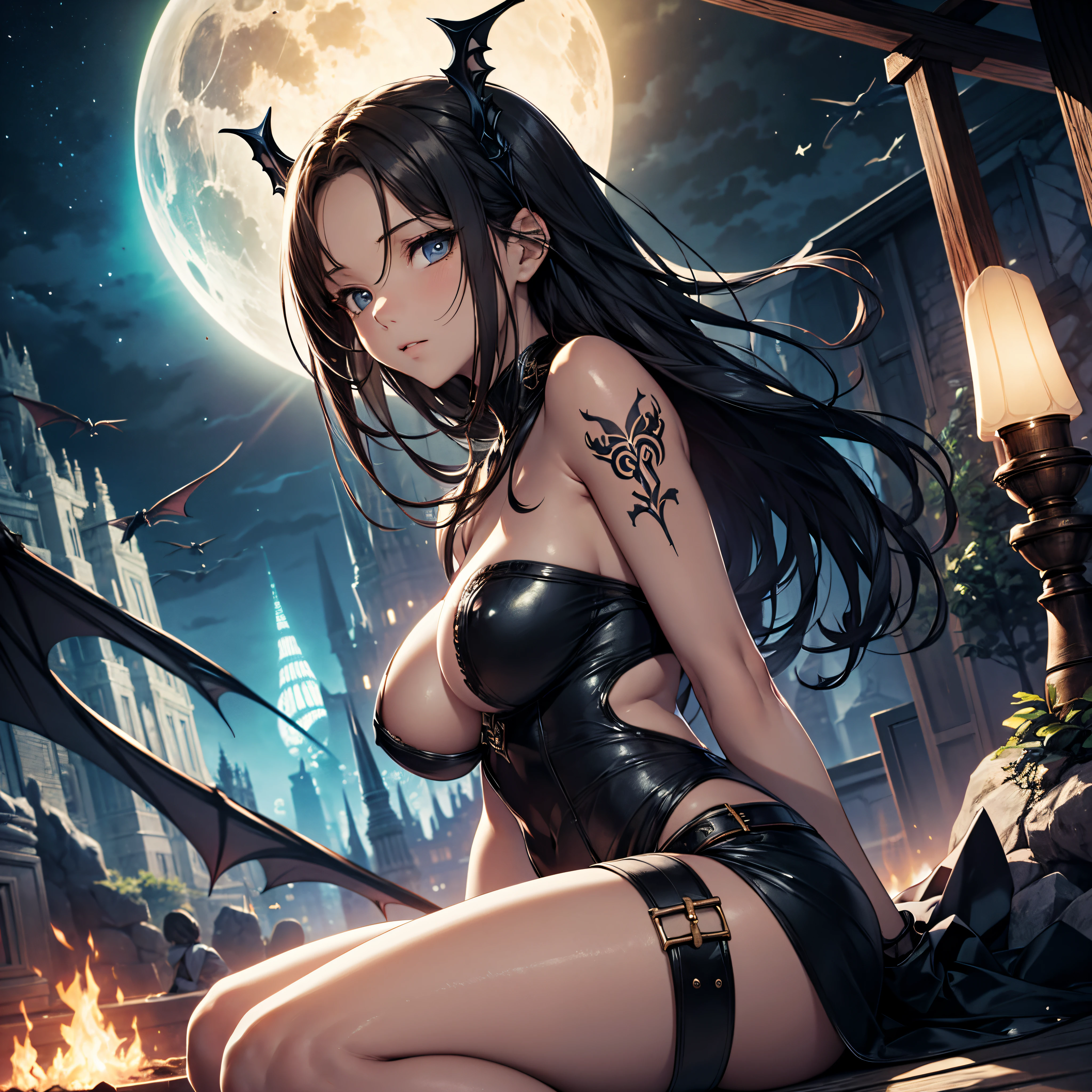 ((best quality)), ((masterpiece)), (detailed), realistic eyes, black hair, black leather outfit, armor, evil landscape, alluring female witch, BREAK ethereal beauty, sitting on a dead tree, (fantasy illustration:1.3), enchanting gaze, captivating pose, solo girl, otherworldly charm, mystical sky, BREAK (Luis Royo:1.2), (Yoshitaka Amano:1.1), moonlit night, soft colors, (detailed cloudscape:1.3), (high-resolution:1.2), (bats flying in the sky in the background),bat, thong, BREAK legs dangling above lava, evil goddess, realistic, realism, , glowing torches, long leges, skinny , perfect exposed boobs, tattoos