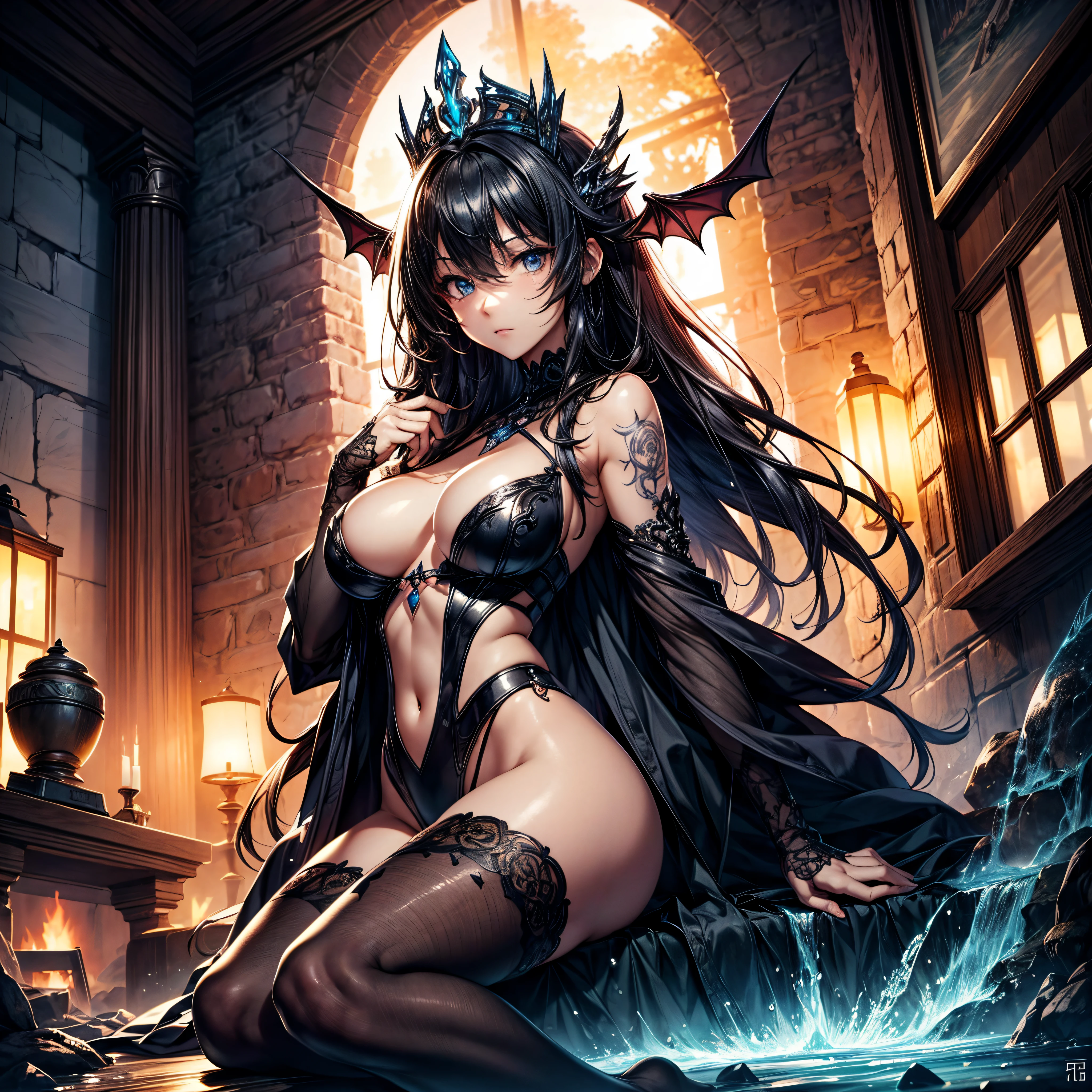 ((best quality)), ((masterpiece)), (detailed), realistic eyes, black hair, black leather outfit, armor, evil landscape, alluring female witch, BREAK ethereal beauty, sitting on a dead tree, (fantasy illustration:1.3), enchanting gaze, captivating pose, solo girl, otherworldly charm, mystical sky, BREAK (Luis Royo:1.2), (Yoshitaka Amano:1.1), moonlit night, soft colors, (detailed cloudscape:1.3), (high-resolution:1.2), (bats flying in the sky in the background),bat, thong, BREAK legs dangling above lava, evil goddess, realistic, realism, , glowing torches, long leges, skinny , perfect exposed boobs, tattoos