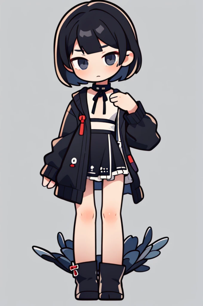 (masterpiece, best quality, very detailed, animayle), 1female_, solo, (emaciated, small_breast), kawaii, expressionless, black_hair, short_hair, thin_eyebows, black cardigan, long_sleeves, plkirt, full_body, standing, looking_at_viewer