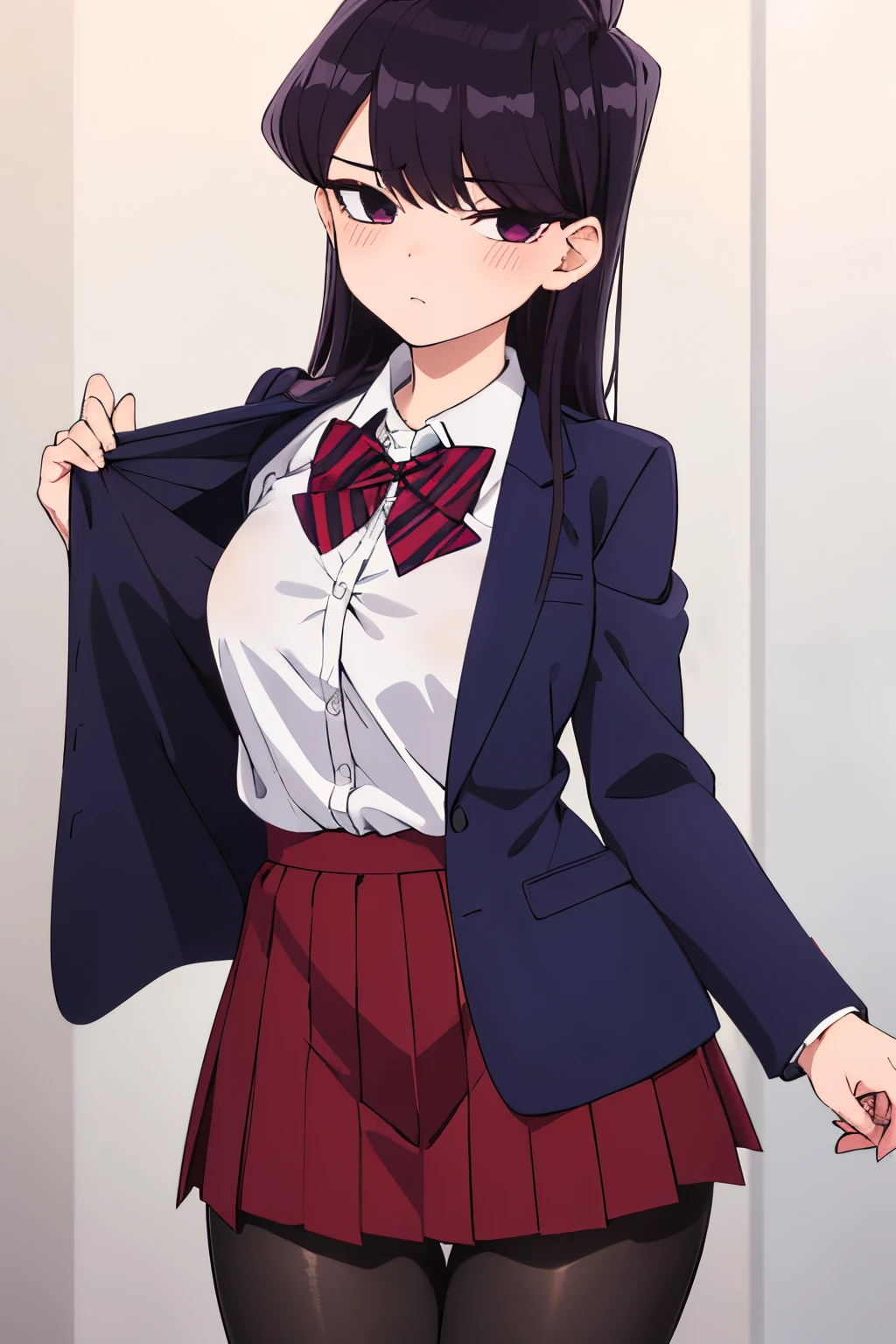 Komi Shouko, 1girl, alone, bangs, black pantyhose, jacket, blue jacket, blush, bow, bow tie, cleavage, breasts, closed mouth, collared shirt, commission, cowboy shot, diagonal striped skirt, expressionless, gray background, High Resolutions, jacket, Long hair, Looking at viewer, medium breasts, medium waist, medium hips, Wide thighs, pantyhose, pleated skirt, purple eyes, purple hair, red bow, red bow tie, red skirt, School uniform, shirt, skirt , only, striped, striped bow, striped bow tie, striped skirt, swept bangs, white shirt