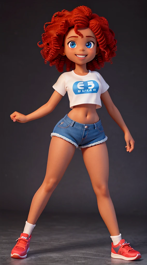 Black girl, contagious smile, round face, 1.50 tall, 15 years old, curly red hair, blue eyes, perfect breasts, perfect butt, toned legs. Clothing: short t-shirt, tight shorts and sneakers. Confident pose with a delicate personality, with a black background.