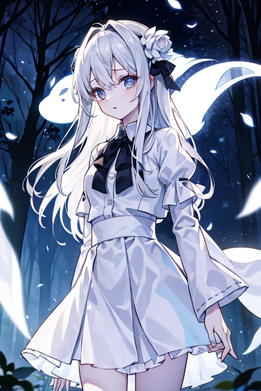 Translucent white ghost girl in gauze skirt,Standing under the trees in the evening,Looking at you with pale eyes