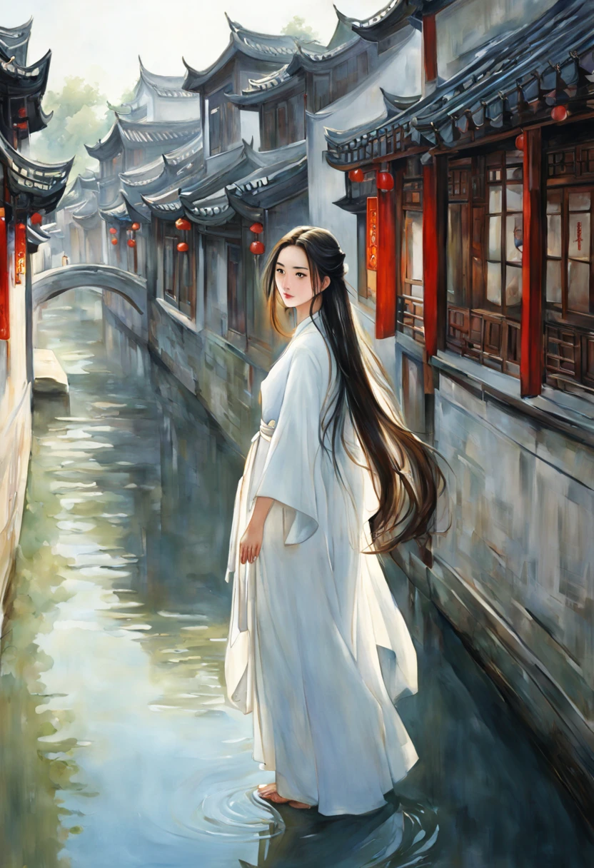 painting of ancient china, jiangnan, old town, canal town, water town, Shuzhou, Xitang, summer, 1 girl with long hair, white clothing, long flowing robes