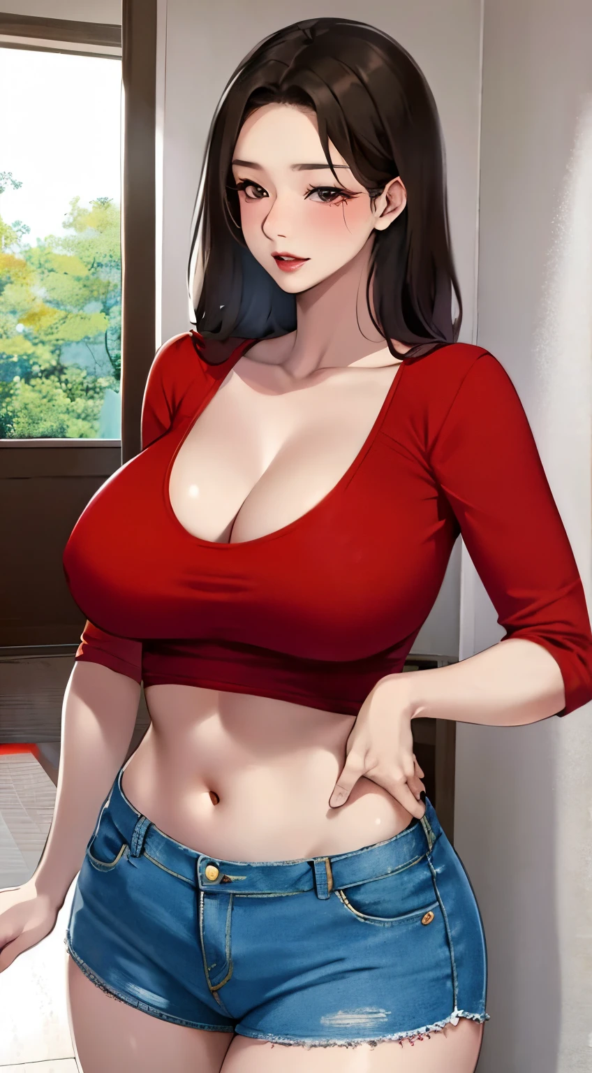 Asian woman in red top and jeans posing for photo, red top, gorgeous chinese models, Beautiful Asian girl, cleavage, Gorgeous young Korean woman, red body, With large breasts, Beautiful asian woman, Japan goddess, buxom chested, Asian girl, beautiful Korean women, Busty, The chest large, Big breasts