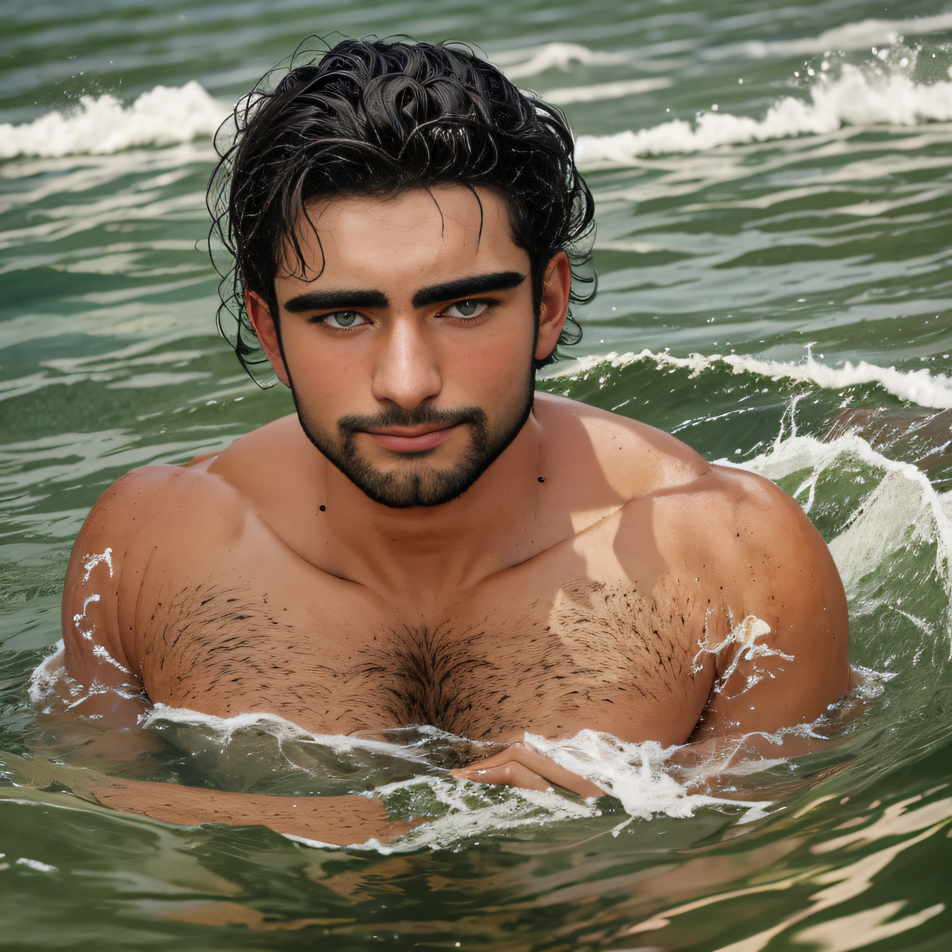 ultrahigh resolution, La mejor calidad, Cinematographer, 4k, (fotorrealista: 1.4), cinematic lighting, Handsome 30 year old man bathing in the river.............., barba, ojos verdes