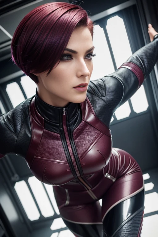 4k highly detailed realistic female supervillain dressed in cropped carbon fiber, burgundy hair in a short undercut bob hairstyle, hair covering one eye, ((sharp Jawline)), (full body Including Legs), Seduction and fantastic poses