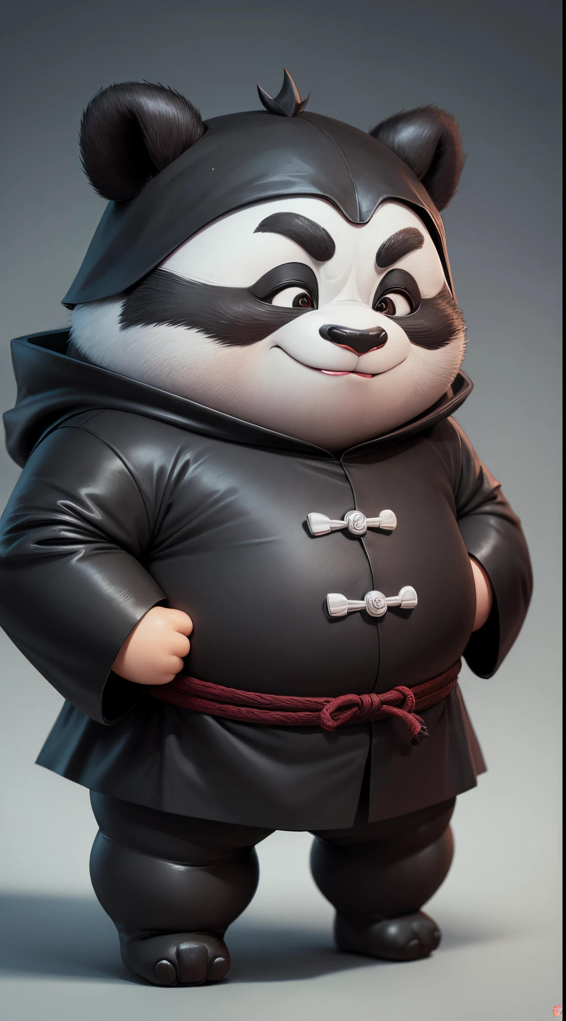 Kung Fu panda, Wearing a black raincoat, Two heads and body ratio, cartoonish style, adolable, chubby, 8k, super detail, ccurate, best quality