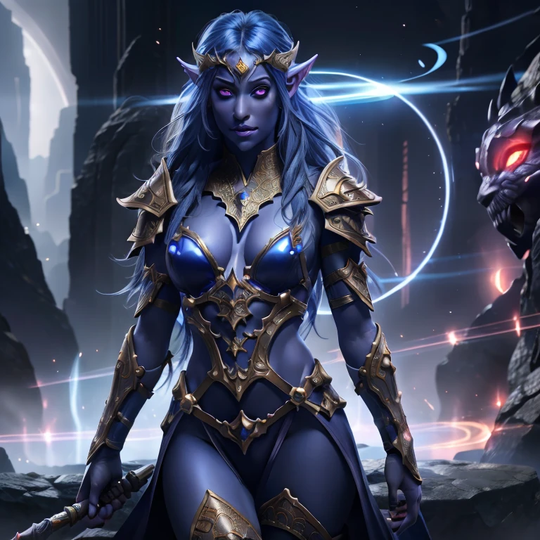 RAW photo, (high skin detail, A detailed eye:1.1), intricate details, Best Quality, 8K UHD, soft-lighting, elf, 1girl, colored skin, blue skin, midnight skin, red eyes, glowing scalet eyes, simple clothing, no nudity, no armor