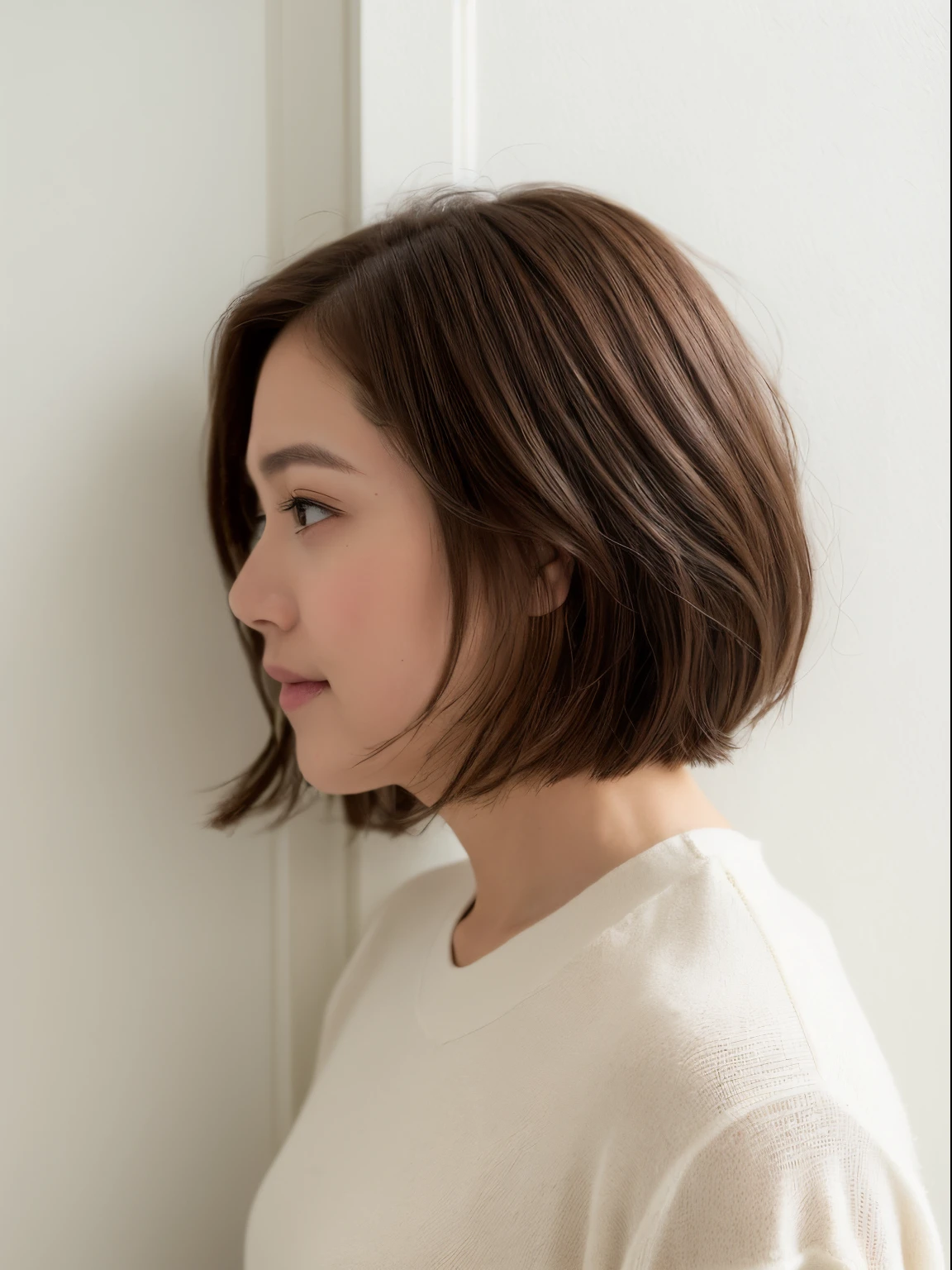 ((The highest image quality, 8K, tmasterpiece:1.3)), 1girll, Beautiful woman with slender abs:1.3, (casual hairstyle, No leakage of big breasts:1.2), Ultra-fine face, A detailed eye, 二重まぶた,ssmile,Home,numbers are very bad,White-skinned、Close-up shot shots、white walls、Taken in front of the white door、(white wall room with window)、Shot in natural light、Poses variadas、bob、Bob Hair、(Dark brown medium shorthair)、(Beautiful profile:1.3)、Don't look at the camera、profile、Crouch down、crouching down