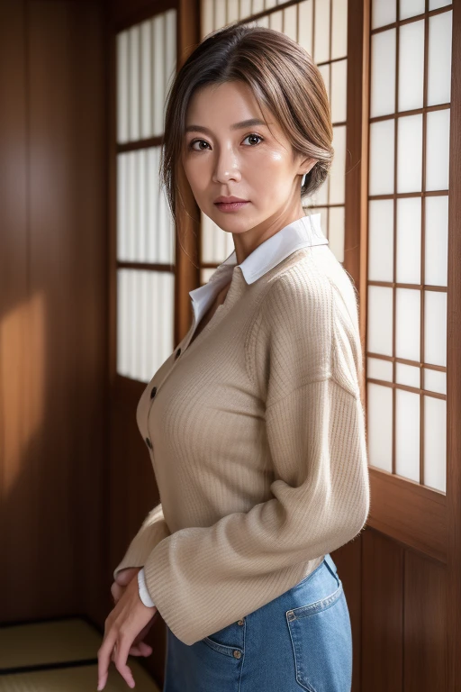 (((Japanese 41 year old mature woman))),top-quality, masterpiece, hight resolution, Photorealsitic, Raw photography, flawless, profetional lighting, ighly detailed, depth of fields,traditional Japanese room, (((60 year old))), (((Wrinkles on the face))),Nasolabial folds on the face,(((There are stains on the body))) chubby figure, Female sexy, Detailed face, beautidful eyes, bangss, sagging breasts, Straight light brown hair that reaches to the shoulders, Faint lips, ((stand facing forward、Staring at the viewer'serious face eyes.)),Brown coat,Long sleeveTThe shirt,Long skirt in jeans, Knee removes foot from frame