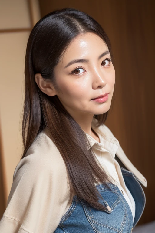 (((Japanese 41 year old mature woman))),top-quality, masterpiece, hight resolution, Photorealsitic, Raw photography, flawless, profetional lighting, ighly detailed, depth of fields,traditional Japanese room, (((60 year old))), (((Wrinkles on the face))),Nasolabial folds on the face,(((There are stains on the body))) chubby figure, Female sexy, Detailed face, beautidful eyes, bangss, sagging breasts, Straight light brown hair that reaches to the shoulders, Faint lips, ((stand facing forward、Staring at the viewer'serious face eyes.)),Brown coat,Long sleeveTThe shirt,Long skirt in jeans, Knee removes foot from frame