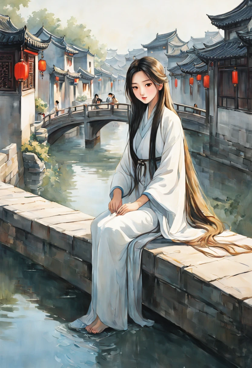 painting of ancient china, jiangnan, old town, canal town, water town, Shuzhou, Xitang, summer, 1 girl with long hair, white clothing, long flowing robes, sitting on the bridge