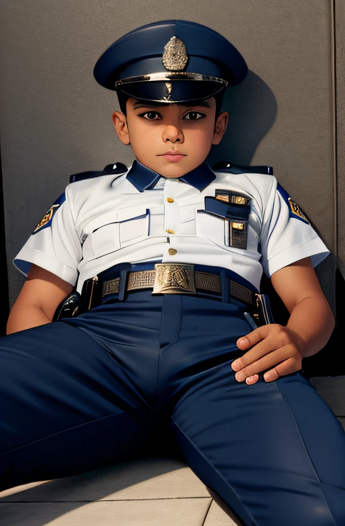 12 years old mexican male boy, detail black police uniform, shave head, wear cap , knee open wide leg, groin bulge, look on uniform belt wear thigh trouser, lying down, look from below, look at the groin bulge,