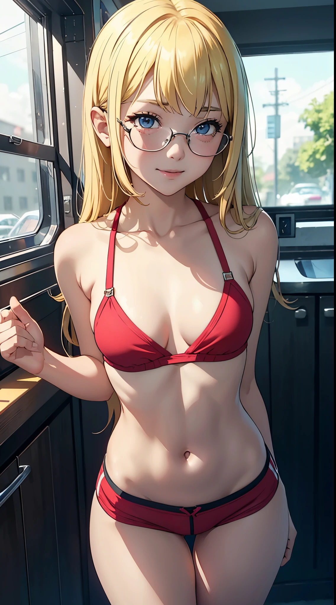 1girl, bangs, Loli body, girl, blonde hair, cleavage, mouth, small breasts, ass facing the viewer, back to screen, smile, tight, micro shorts 1.4, Ultra HD |, 4k image, glasses , character near the camera
