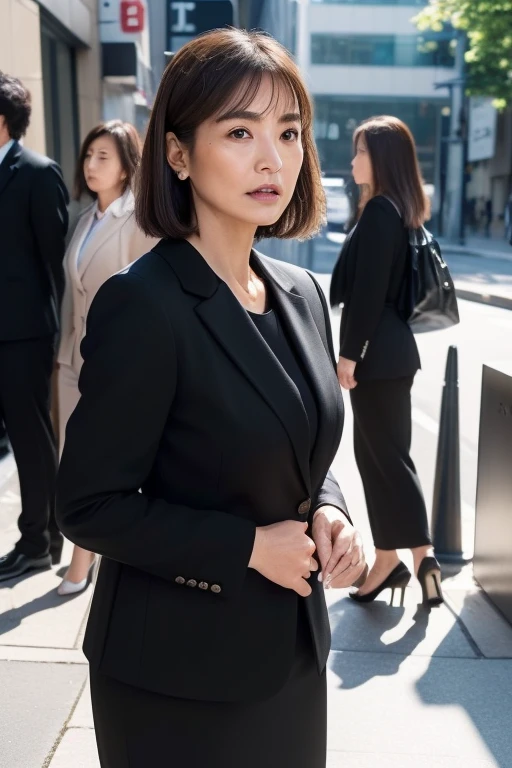 (((Japanese 45 year old mature woman))),top-quality, ​masterpiece, hight resolution, Photorealsitic, Raw photography, flawless, profetional lighting, ighly detailed, depth of fields,street corner, (((60 year old))), (((Wrinkles on the face))),Nasolabial folds on the face,(((There are stains on the body))) chubby figure, Female sexy, Detailed face, beautidful eyes, bangss, sagging breasts, Straight light brown hair that reaches to the shoulders, Faint lips, ((stand facing forward、Staring at the viewer&#39;serious face eyes.)),small diamond necklace,(((black office lady suit))),skirt by the,(Black high heels), Knee removes foot from frame