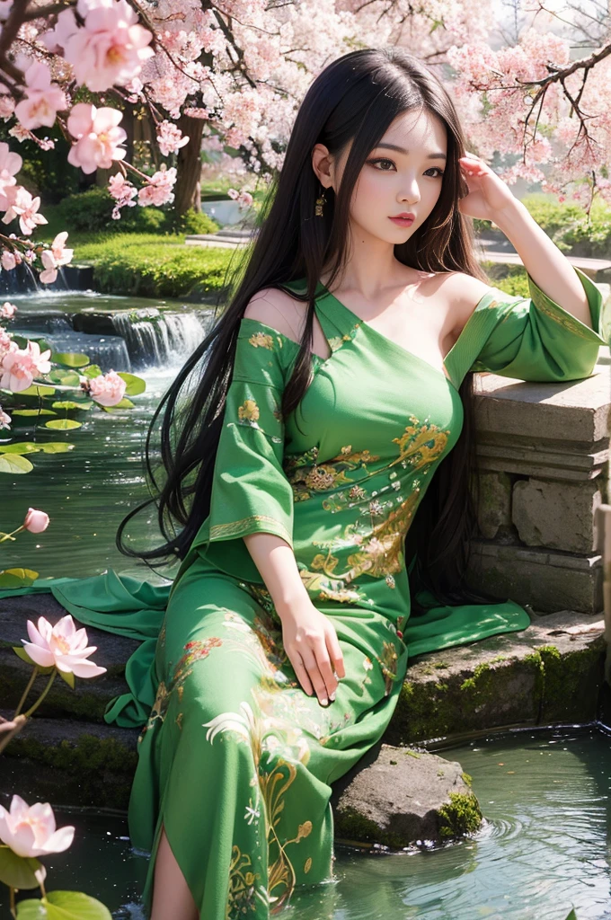 (best quality,4k,8k,highres,masterpiece:1.2),ultra-detailed,(realistic,photorealistic,photo-realistic:1.37),chinese,dragongirl,small tits,beautiful detailed eyes,beautiful detailed lips,long eyelashes,exotic looking,flowing black hair,graceful pose,traditional chinese dress,dragon scale pattern on her skin,golden dragon tattoo on her arm,dark green eyes,subtle smile,standing in a lush garden,blooming cherry blossoms,ancient stone bridge,lotus pond with koi fish,soft sunlight streaming through the leaves,serene atmosphere,traditional chinese music playing in the background,vivid colors,sharp focus,portraits,ethereal color palette