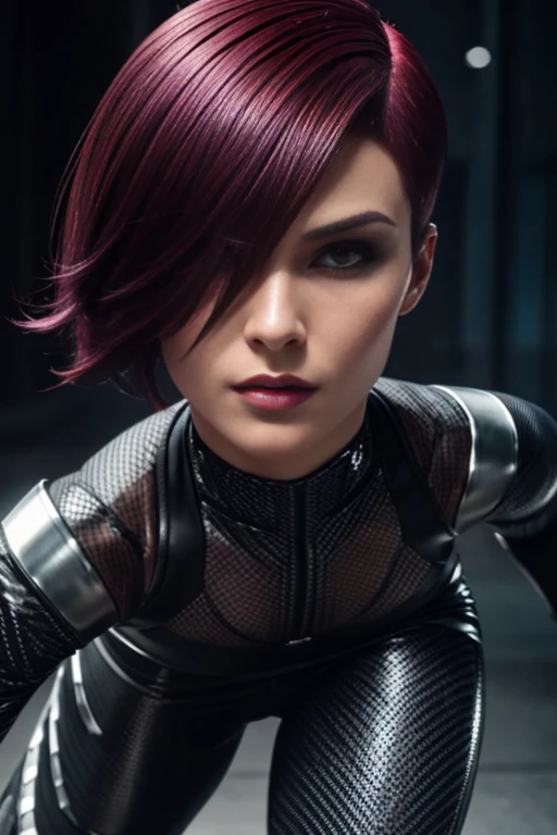 4k highly detailed realistic female supervillain dressed in cropped carbon fiber, burgundy hair in a short undercut bob hairstyle, hair covering one eye, ((sharp Jawline)), (full body Including Legs), Seduction and fantastic poses