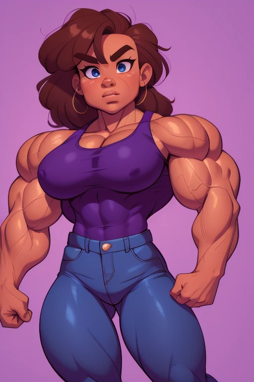 muscle girl with High cheekbones and a strong jawlineflexing muscles wearing purple muscle shirt and light blue jeans with fists on hips, her hair a rich chestnut brown, giving her a dynamic and youthful appearance, muscle woman, big muscles, huge muscles, massive muscles, muscle girl, bronze skin, Her facial features are a mix of determination and kindness, with expressive eyes that radiate a sense of adventure