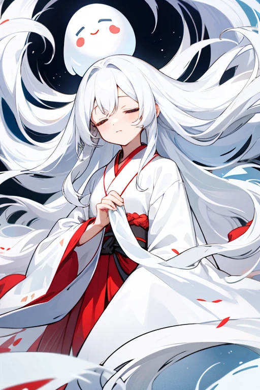 Spider_Demon_Daughter, 1girl, solo, long hair,hair ornament, white hair, japanese clothes, wide sleeves, white kimono, grey eyes, facial mark, silk, spider web print, sandals