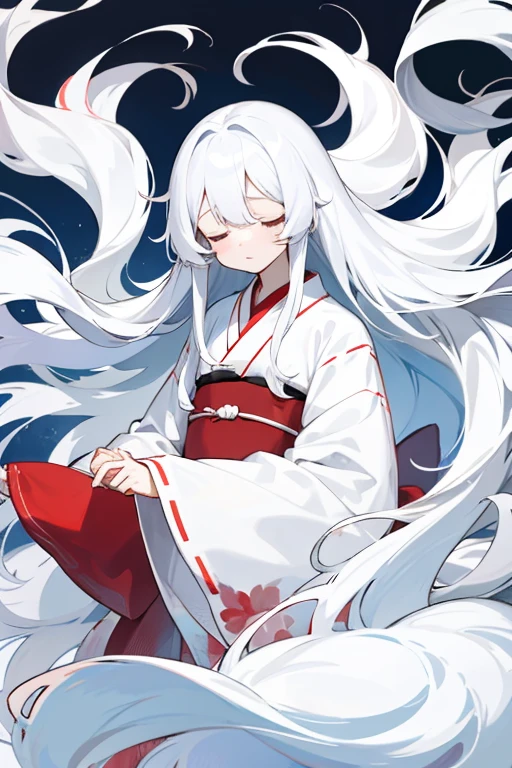 Ghost of a girl with very long white hair and red closed eyes, very long sleeves, comfortable long white kimono