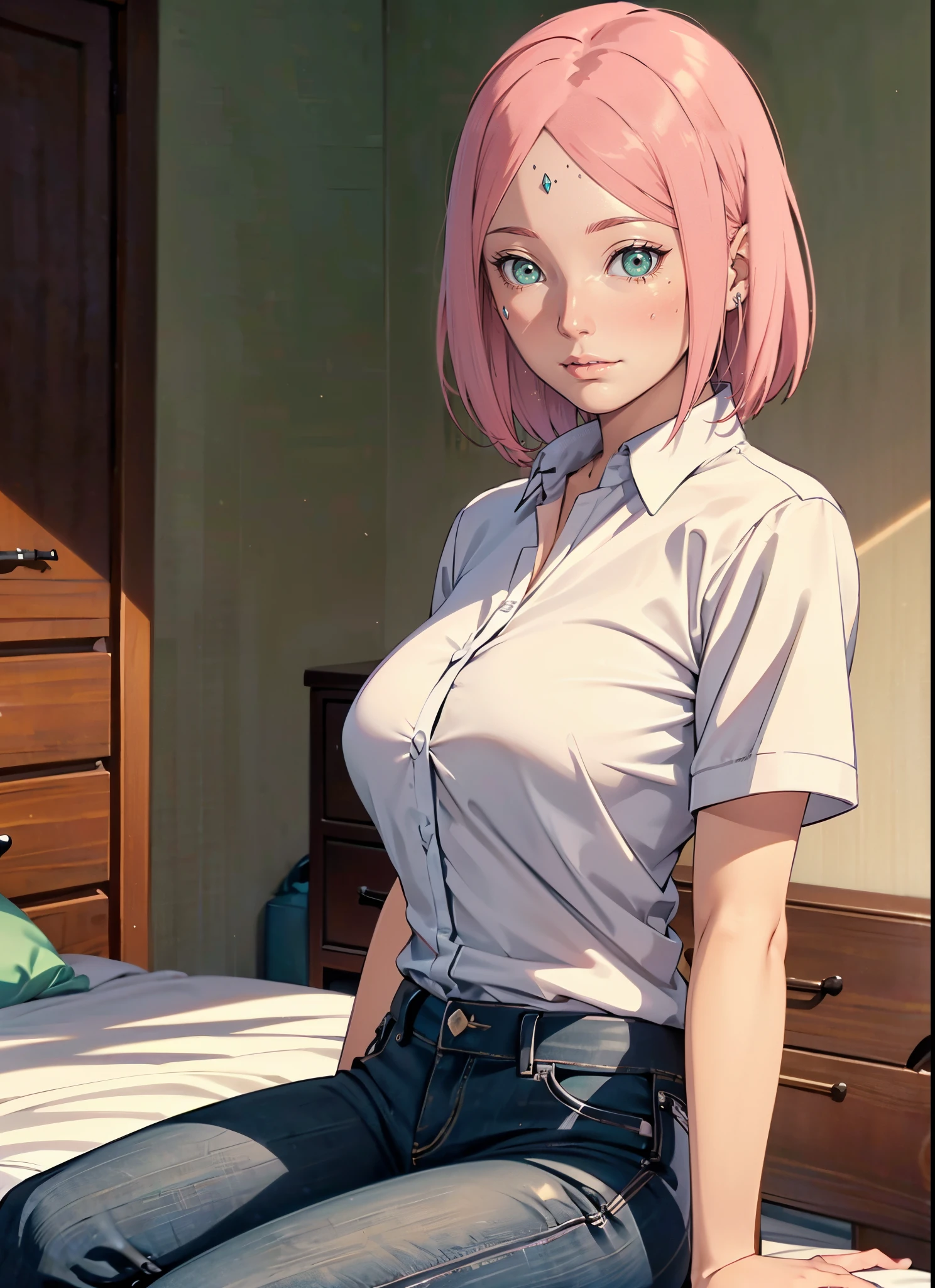 Obra maestra, absurdos , (Detalles intrincados), (De color),cinematic lighting,Tiro de busto,fondo de pantalla CG 8k extremadamente detallado,1girl, Haruno Sakura,Cinta roja para el cabello,Marca de la frente,lavadora,, Delantal transparente desnudo, mostrando los pesones,vello pubico,vagina,cocina, arms behind back, sonrojarse, Mirando al espectador,