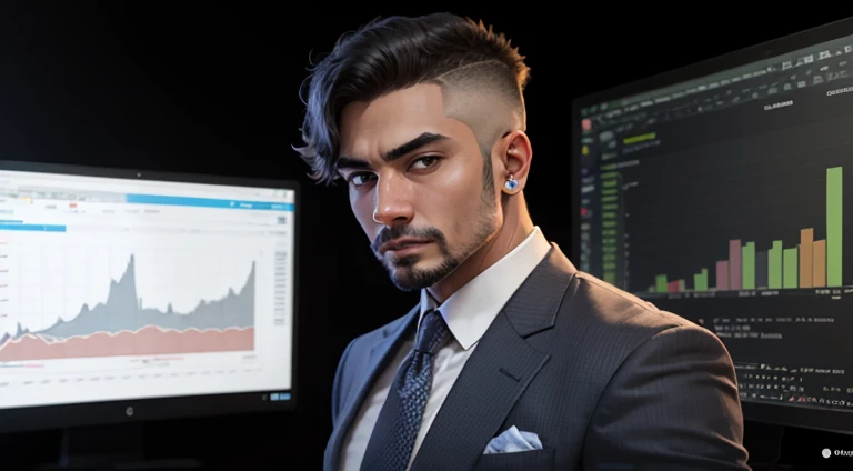 Businessman named Samuel, ambitious, white indian face, looking at a computer screen, with investment chart