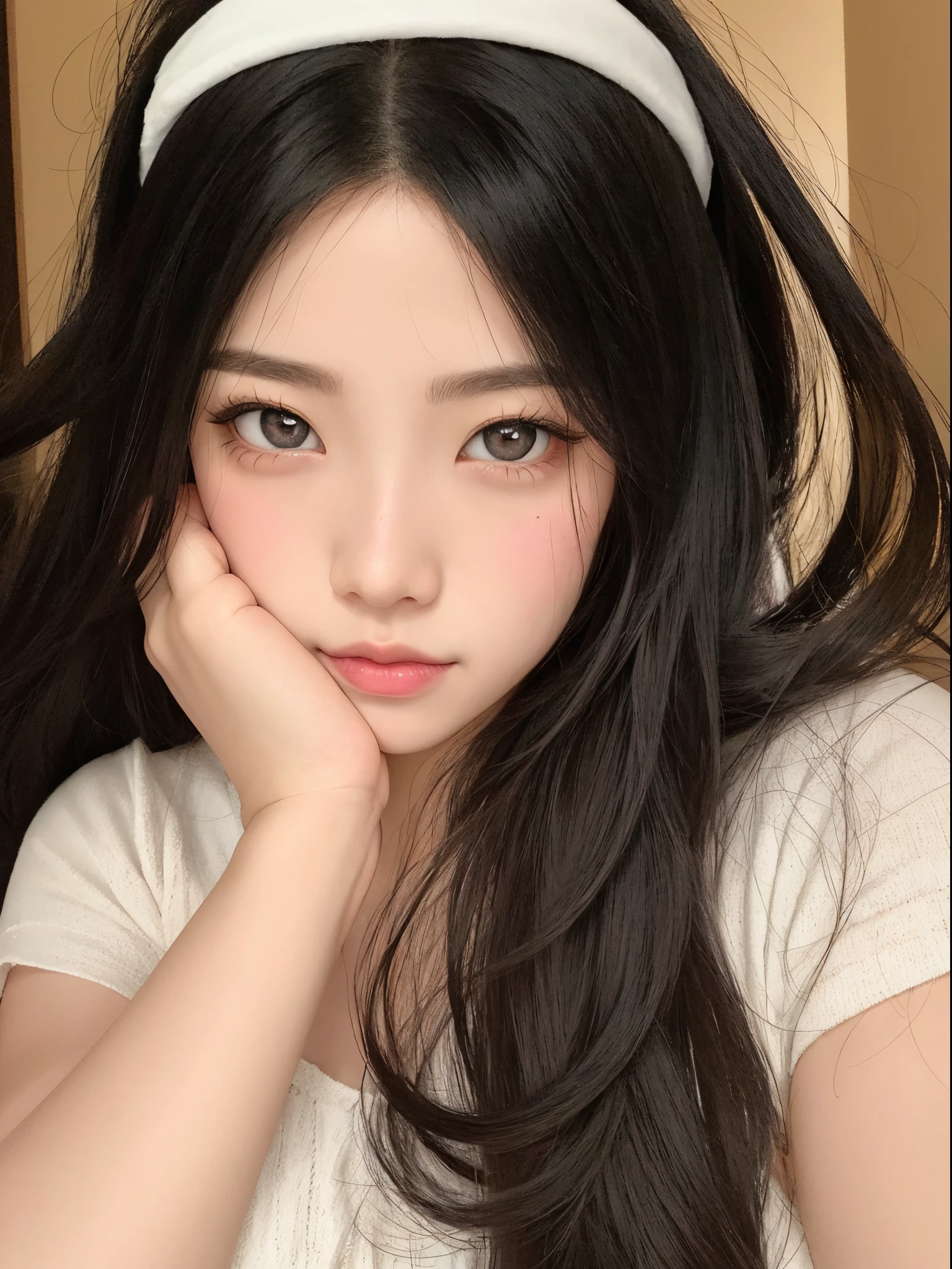 Arafed Asian woman with long black hair wearing a white headband, ulzzang, Linda cara de anime natural, Chica de anime en la vida real, Wan adorable cara coreana, con cabello largo y ojos penetrantes, muy hermosa linda catgirl, pale round face, Hermosa cara de chicas japonesas, cabello negro y ojos grandes, Retrato realista kawaii, pale porcelain white skin, Beautiful aesthetic face