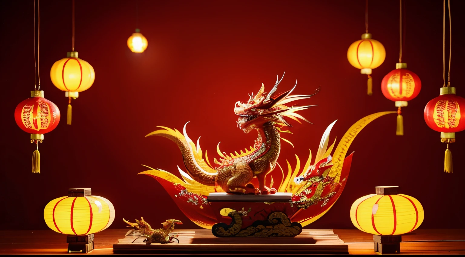 generate a picture to celebrate Chinese Dragon year spring festival, the dragon should be the chinese tranditional dragonwith more chinese tranditional elemate