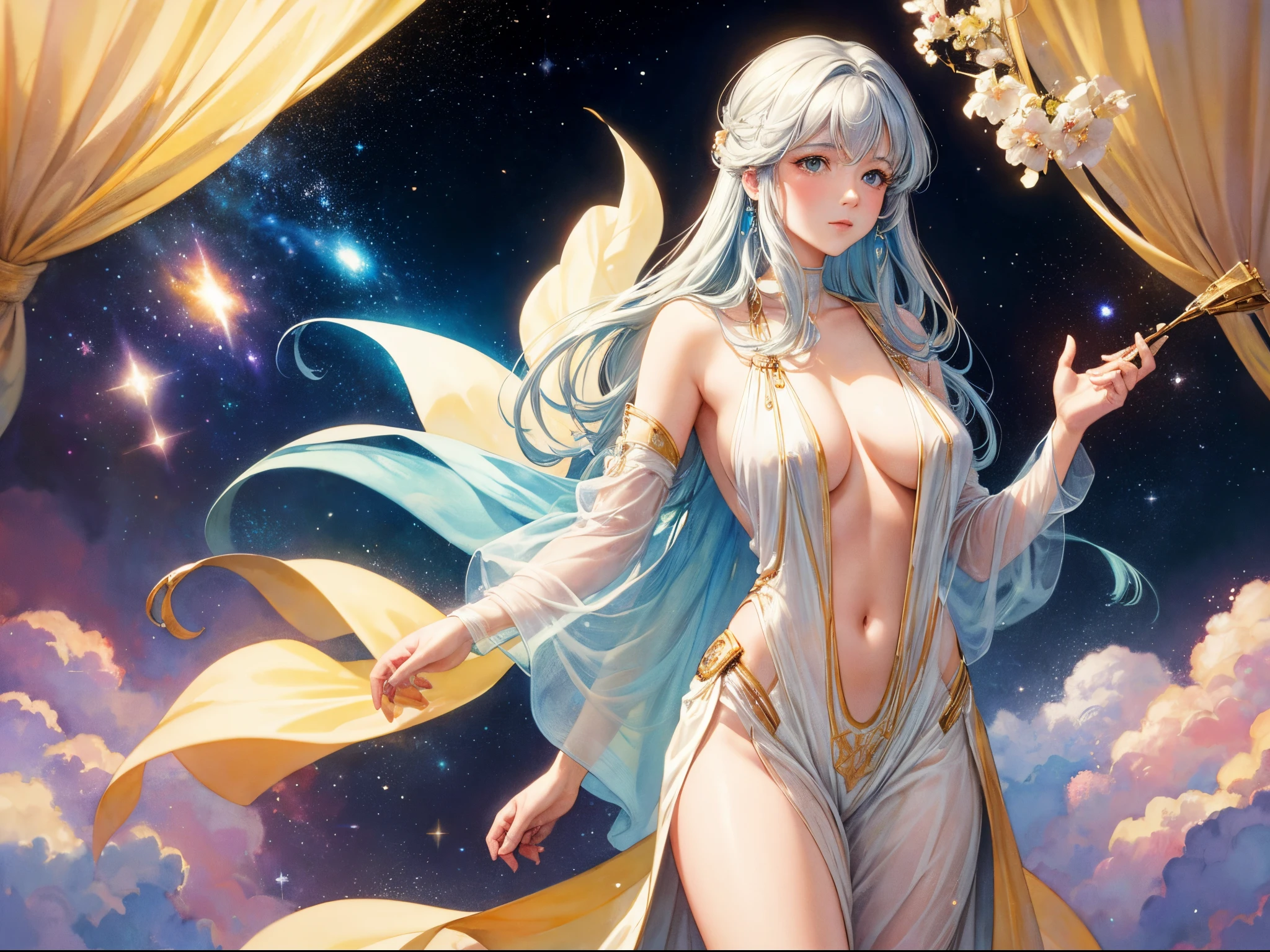 Paint a watercolor scene capturing the ethereal beauty of space, with the Enterprise NCC-1701 gracefully exploring distant galaxies. Reference the soft and dreamy watercolor style of artists like Alphonse Mucha. enormous tits