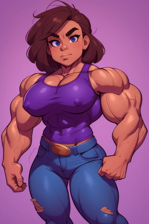 muscle girl with High cheekbones and a strong jawlineflexing muscles wearing purple muscle shirt and light blue jeans with fists on hips, her hair a rich chestnut brown, giving her a dynamic and youthful appearance, muscle woman, big muscles, huge muscles, massive muscles, muscle girl, bronze skin, Her facial features are a mix of determination and kindness, with expressive eyes that radiate a sense of adventure