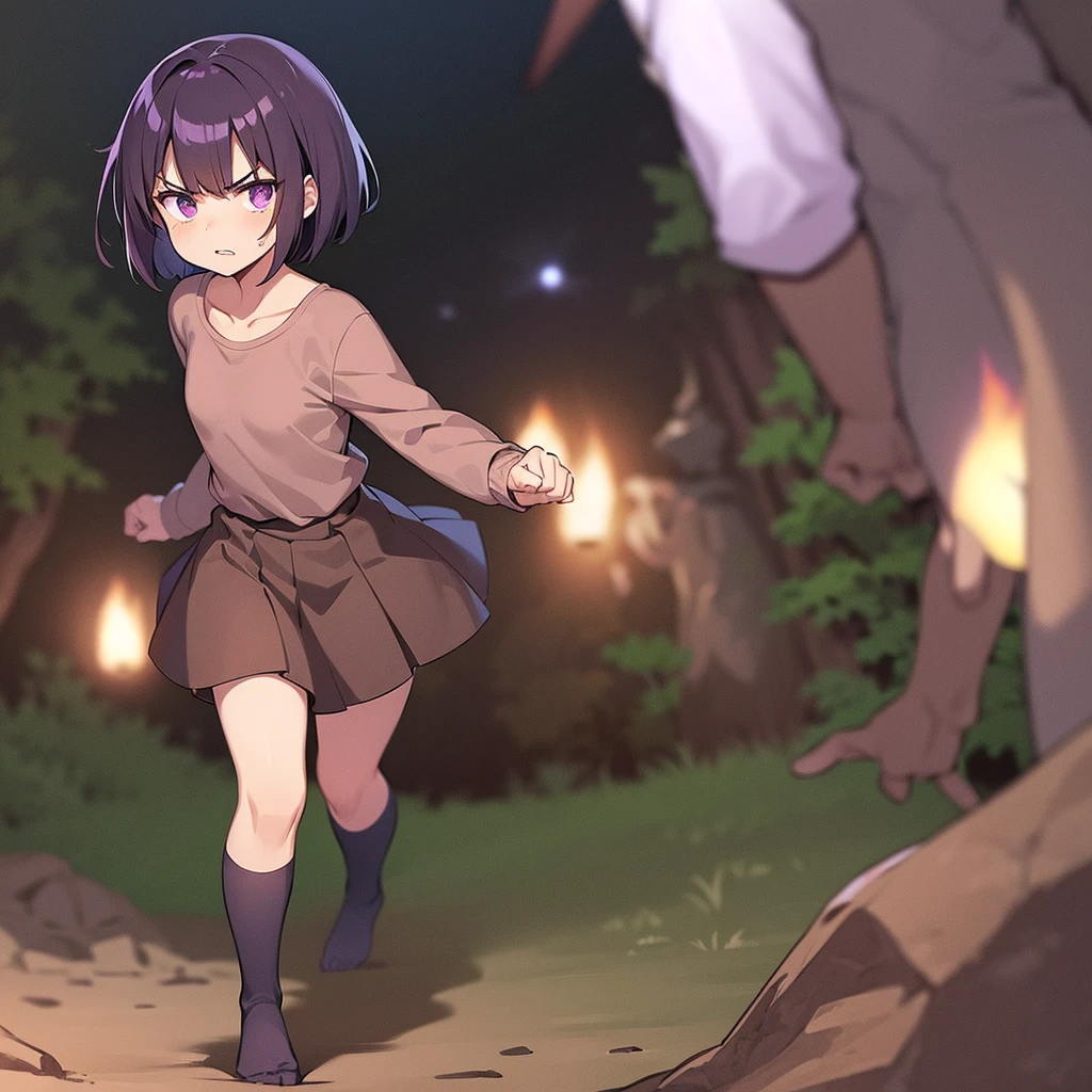 1 single Little anime girl with a flat chest with short dark purple hair wearing brown shirt and medium brown skirt with dirt on her body no shoes looking angry with her fists balled up and purple energy covering her body with a very dark background at night in forest