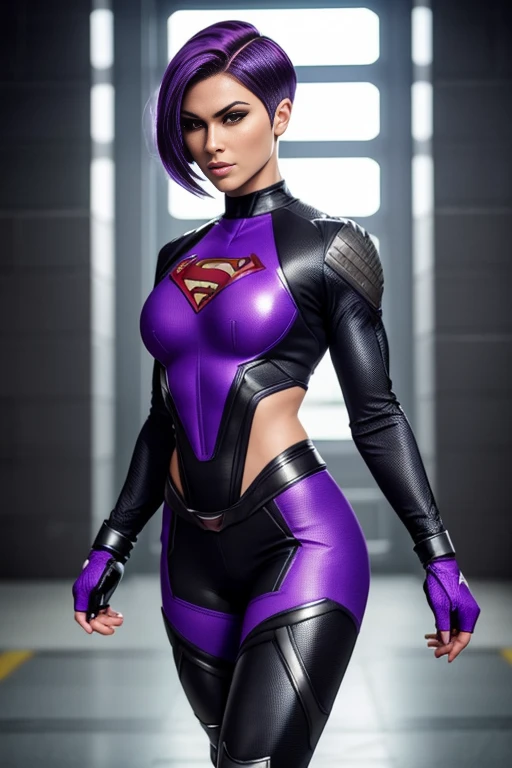4k highly detailed realistic female superhero dressed in cropped carbon fiber, purple hair in a short undercut bob hairstyle, hair covering one eye, ((sharp Jawline)), (full body Including Legs), Seduction and fantastic poses