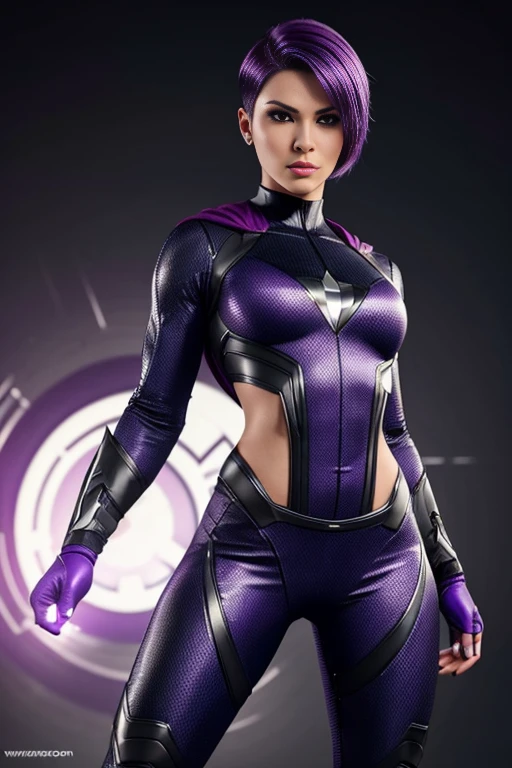4k highly detailed realistic female superhero dressed in cropped carbon fiber, purple hair in a short undercut bob hairstyle, hair covering one eye, ((sharp Jawline)), (full body Including Legs), Seduction and fantastic poses