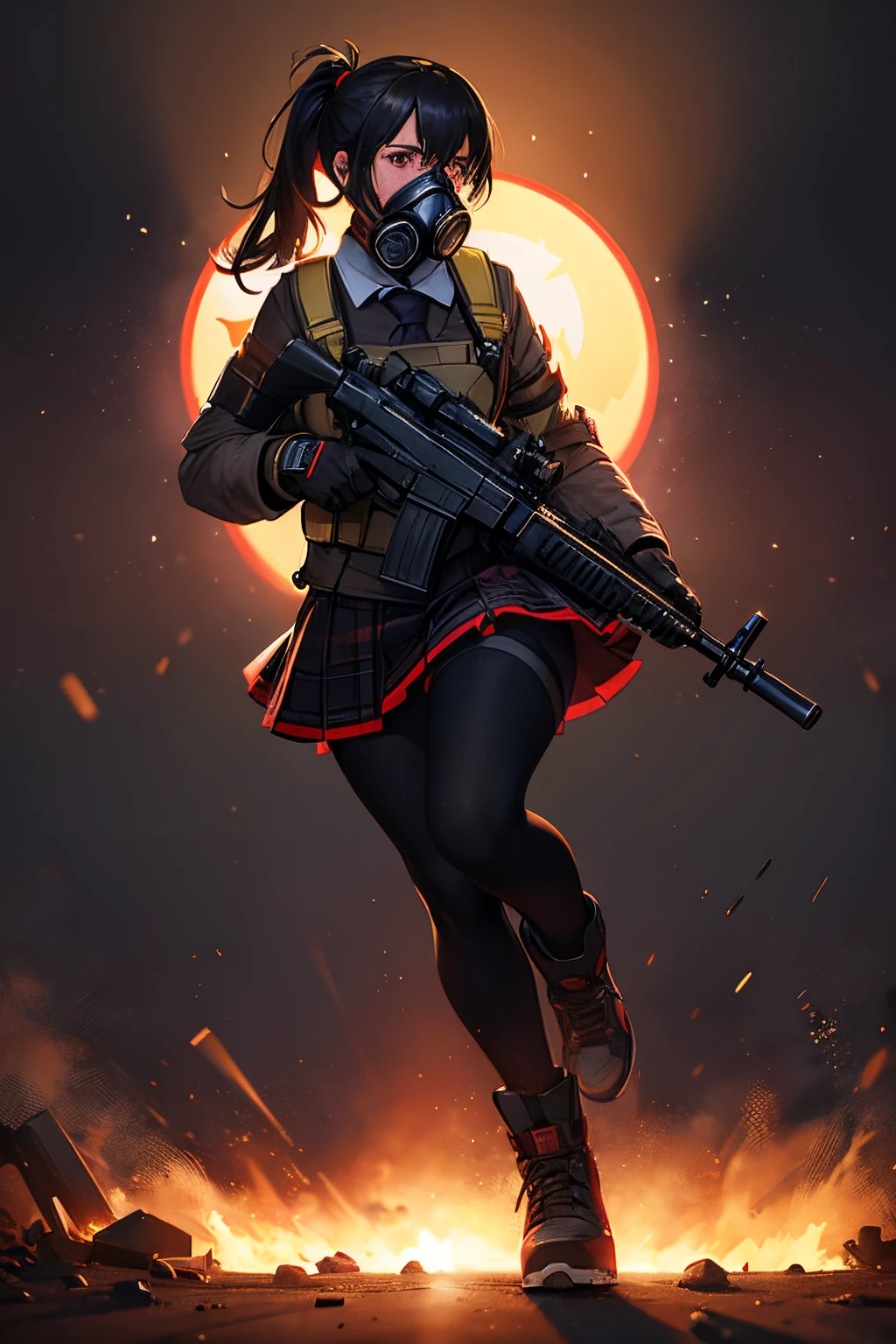 Woman, superhero, gas mask, dressed as schoolgirl, dark background with flares, red lights, with shotgun, full body, running